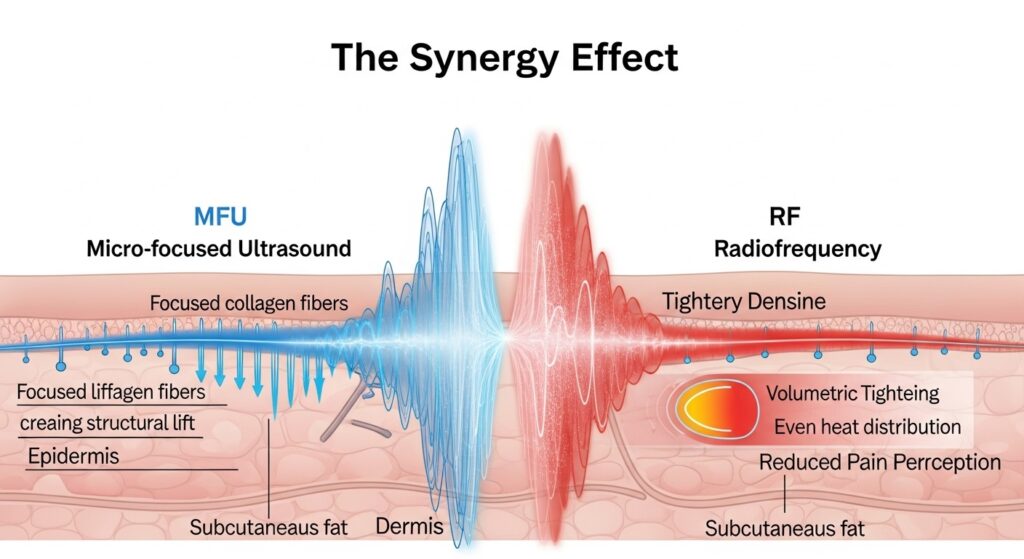 MFU provides the structural lift, while RF creates volumetric tightening, reducing pain perception by distributing heat more evenly